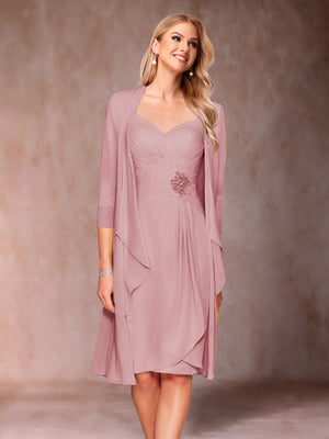 Sheath/Column V-Neck 3/4 Sleeves 2 Pieces Mother of the Bride Dresses with Ruched & Jacket