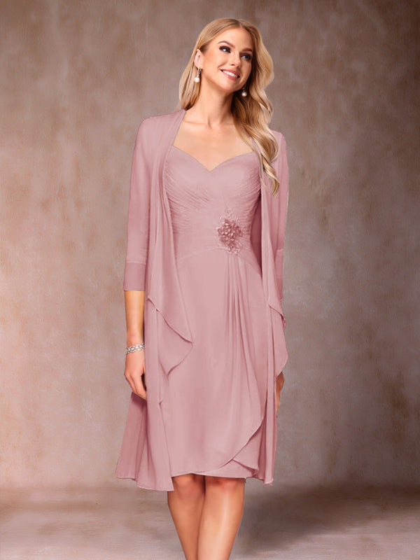 Sheath/Column V-Neck 3/4 Sleeves 2 Pieces Mother of the Bride Dresses with Ruched & Jacket