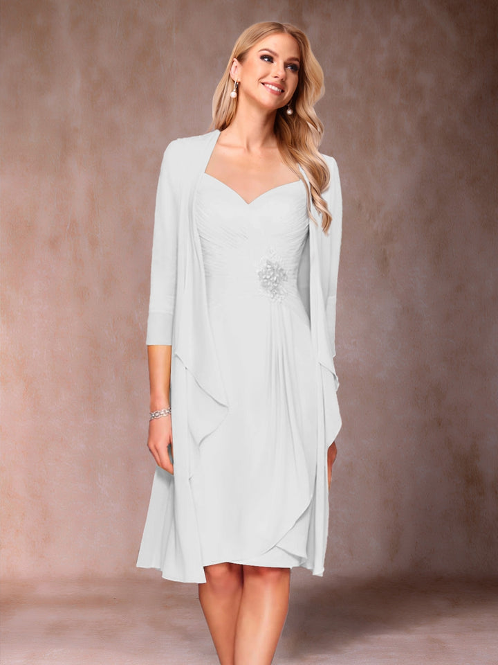 Sheath/Column V-Neck 3/4 Sleeves 2 Pieces Mother of the Bride Dresses with Ruched &amp; Jacket