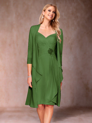 Sheath/Column V-Neck 3/4 Sleeves 2 Pieces Mother of the Bride Dresses with Ruched & Jacket
