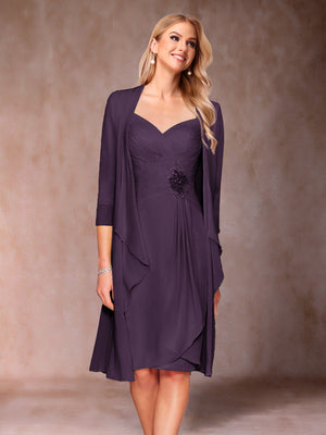 Sheath/Column V-Neck 3/4 Sleeves 2 Pieces Mother of the Bride Dresses with Ruched & Jacket