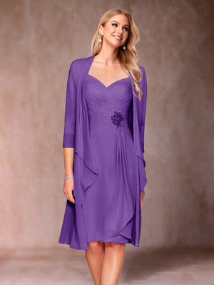 Sheath/Column V-Neck 3/4 Sleeves 2 Pieces Mother of the Bride Dresses with Ruched & Jacket