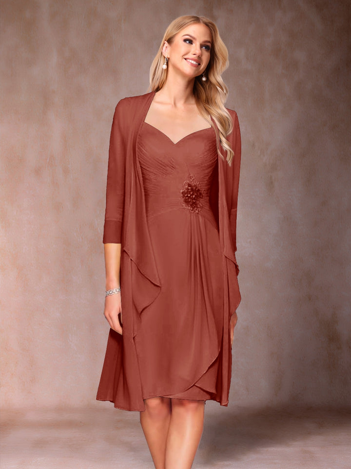 Sheath/Column V-Neck 3/4 Sleeves 2 Pieces Mother of the Bride Dresses with Ruched &amp; Jacket