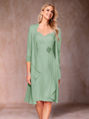 Sheath/Column V-Neck 3/4 Sleeves 2 Pieces Mother of the Bride Dresses with Ruched & Jacket