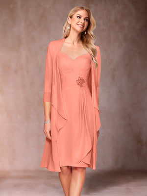 Sheath/Column V-Neck 3/4 Sleeves 2 Pieces Mother of the Bride Dresses with Ruched & Jacket