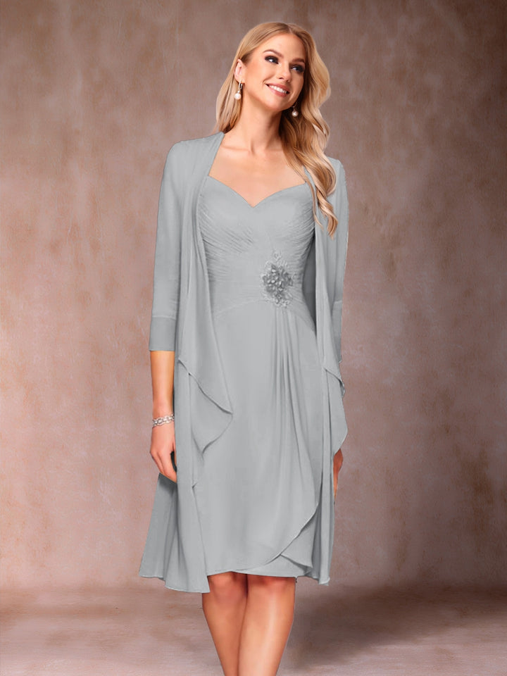 Sheath/Column V-Neck 3/4 Sleeves 2 Pieces Mother of the Bride Dresses with Ruched &amp; Jacket