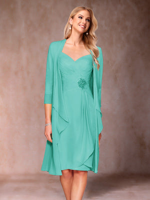 Sheath/Column V-Neck 3/4 Sleeves 2 Pieces Mother of the Bride Dresses with Ruched & Jacket