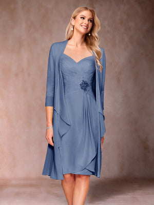 Sheath/Column V-Neck 3/4 Sleeves 2 Pieces Mother of the Bride Dresses with Ruched & Jacket