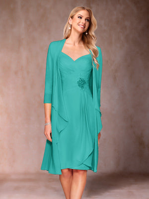 Sheath/Column V-Neck 3/4 Sleeves 2 Pieces Mother of the Bride Dresses with Ruched & Jacket