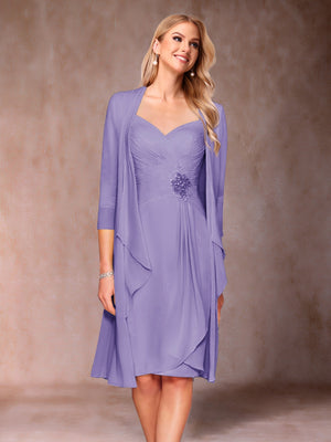 Sheath/Column V-Neck 3/4 Sleeves 2 Pieces Mother of the Bride Dresses with Ruched & Jacket