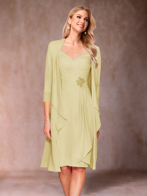 Sheath/Column V-Neck 3/4 Sleeves 2 Pieces Mother of the Bride Dresses with Ruched & Jacket