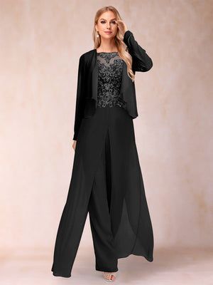 Sheath/Column Scoop Long Sleeves 2 Pieces Pantsuits with Applique & Jacket