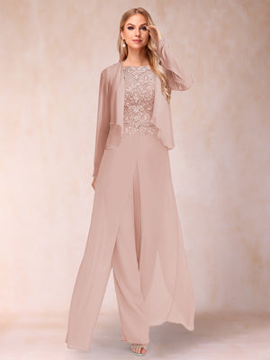 Sheath/Column Scoop Long Sleeves 2 Pieces Pantsuits with Applique & Jacket