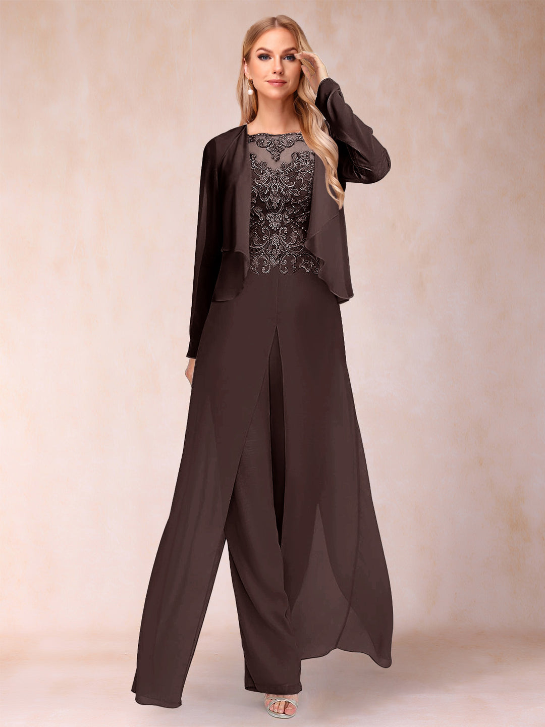 Sheath/Column Scoop Long Sleeves Jumpsuit with Applique &amp; Jacket