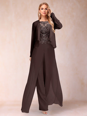 Sheath/Column Scoop Long Sleeves 2 Pieces Pantsuits with Applique & Jacket