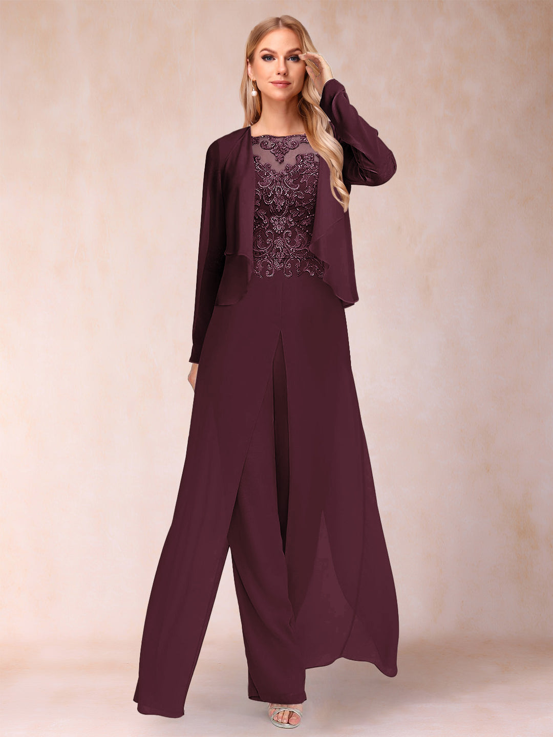 Sheath/Column Scoop Long Sleeves Jumpsuit with Applique & Jacket