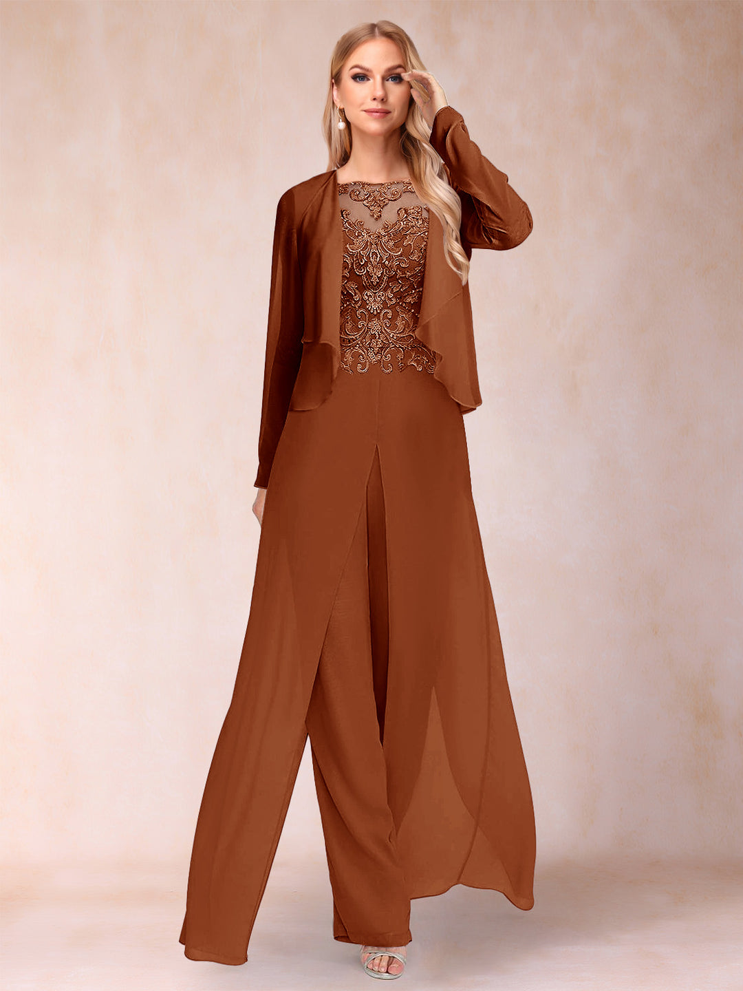 Sheath/Column Scoop Long Sleeves Jumpsuit with Applique &amp; Jacket