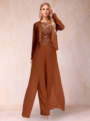 Sheath/Column Scoop Long Sleeves 2 Pieces Pantsuits with Applique & Jacket