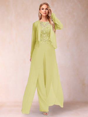 Sheath/Column Scoop Long Sleeves 2 Pieces Pantsuits with Applique & Jacket