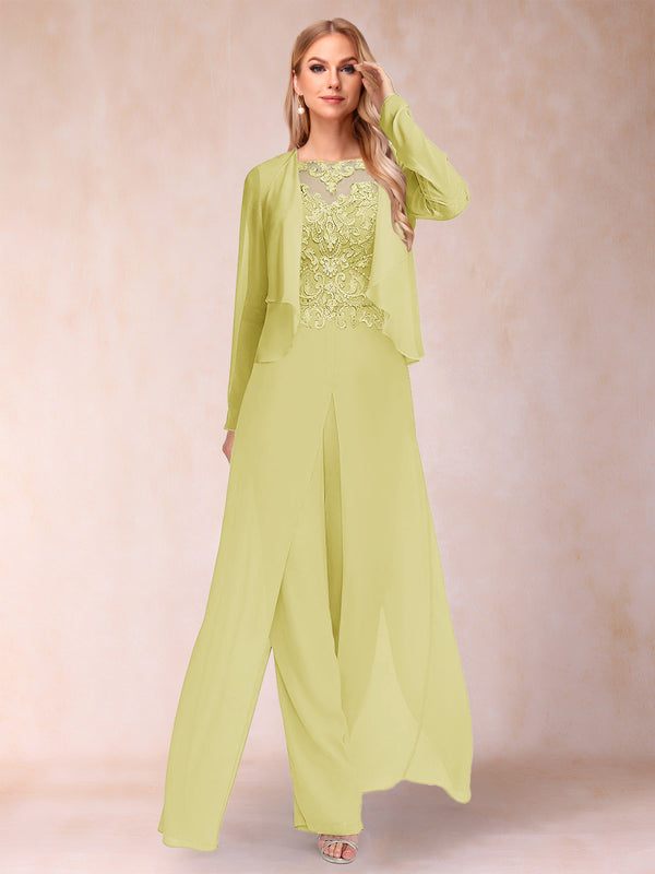 Sheath/Column Scoop Long Sleeves 2 Pieces Pantsuits with Applique & Jacket