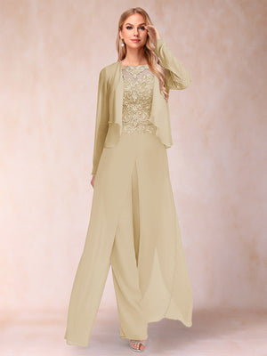 Sheath/Column Scoop Long Sleeves 2 Pieces Pantsuits with Applique & Jacket