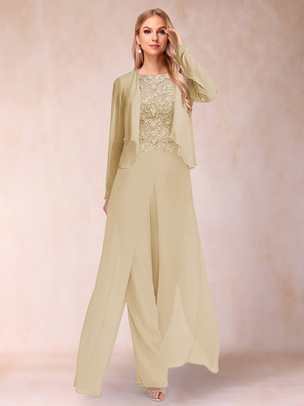 Sheath/Column Scoop Long Sleeves 2 Pieces Pantsuits with Applique & Jacket