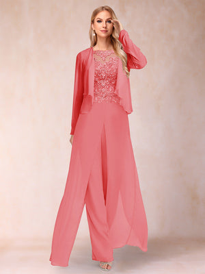 Sheath/Column Scoop Long Sleeves 2 Pieces Pantsuits with Applique & Jacket