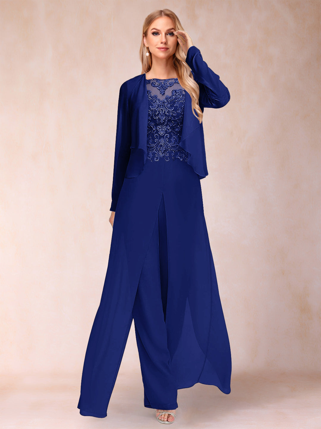 Sheath/Column Scoop Long Sleeves Jumpsuit with Applique &amp; Jacket