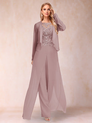 Sheath/Column Scoop Long Sleeves 2 Pieces Pantsuits with Applique & Jacket