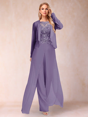 Sheath/Column Scoop Long Sleeves 2 Pieces Pantsuits with Applique & Jacket