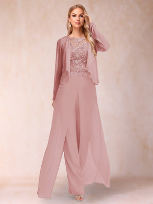 Sheath/Column Scoop Long Sleeves 2 Pieces Pantsuits with Applique & Jacket