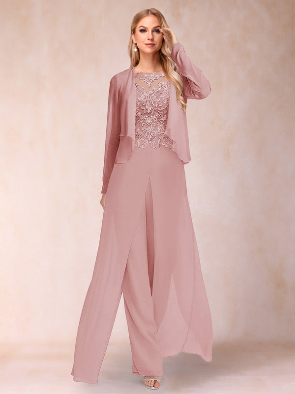 Sheath/Column Scoop Long Sleeves 2 Pieces Pantsuits with Applique & Jacket