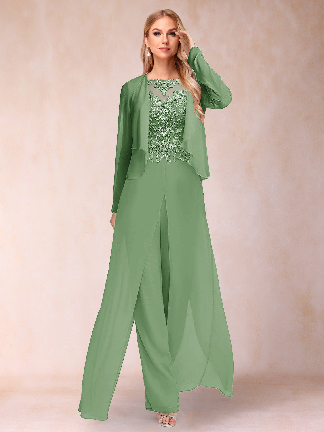 Sheath/Column Scoop Long Sleeves Jumpsuit with Applique & Jacket