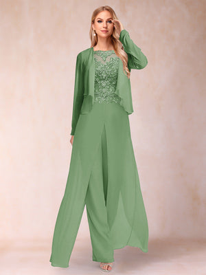 Sheath/Column Scoop Long Sleeves 2 Pieces Pantsuits with Applique & Jacket