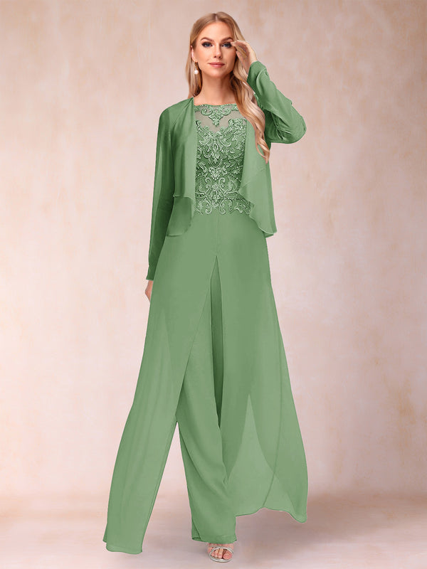 Sheath/Column Scoop Long Sleeves 2 Pieces Pantsuits with Applique & Jacket