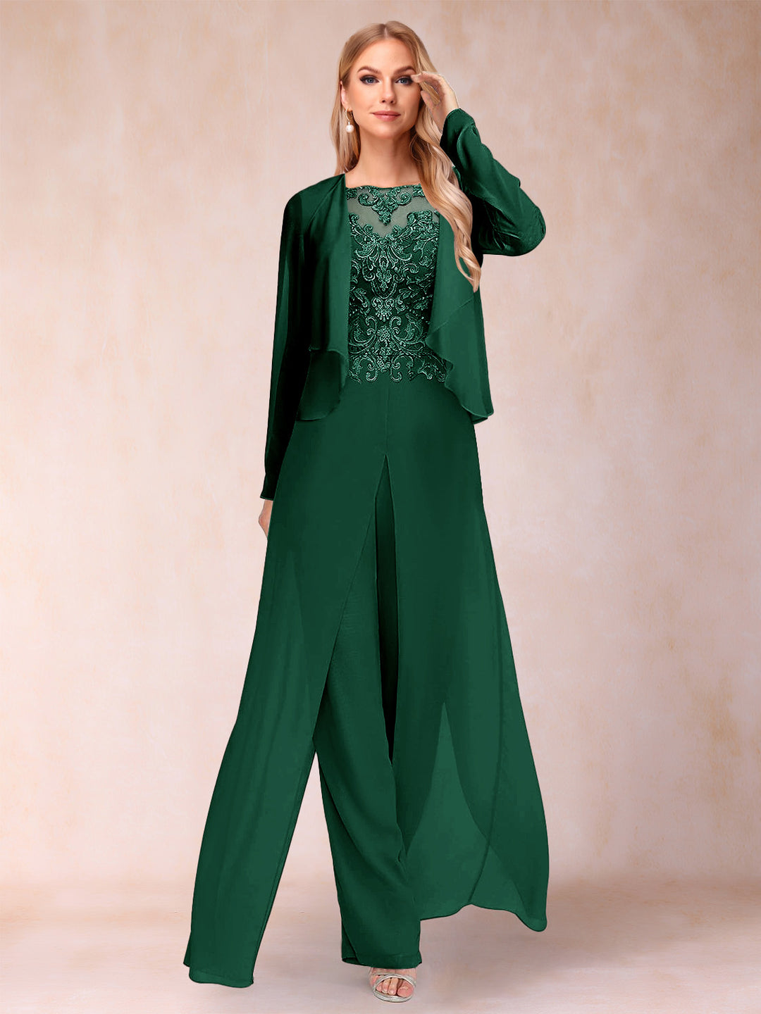 Sheath/Column Scoop Long Sleeves Jumpsuit with Applique &amp; Jacket