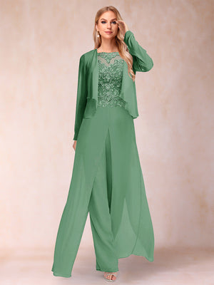 Sheath/Column Scoop Long Sleeves 2 Pieces Pantsuits with Applique & Jacket