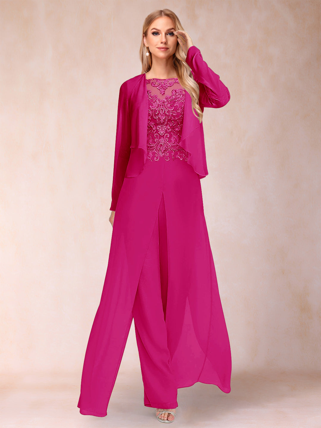 Sheath/Column Scoop Long Sleeves Jumpsuit with Applique &amp; Jacket