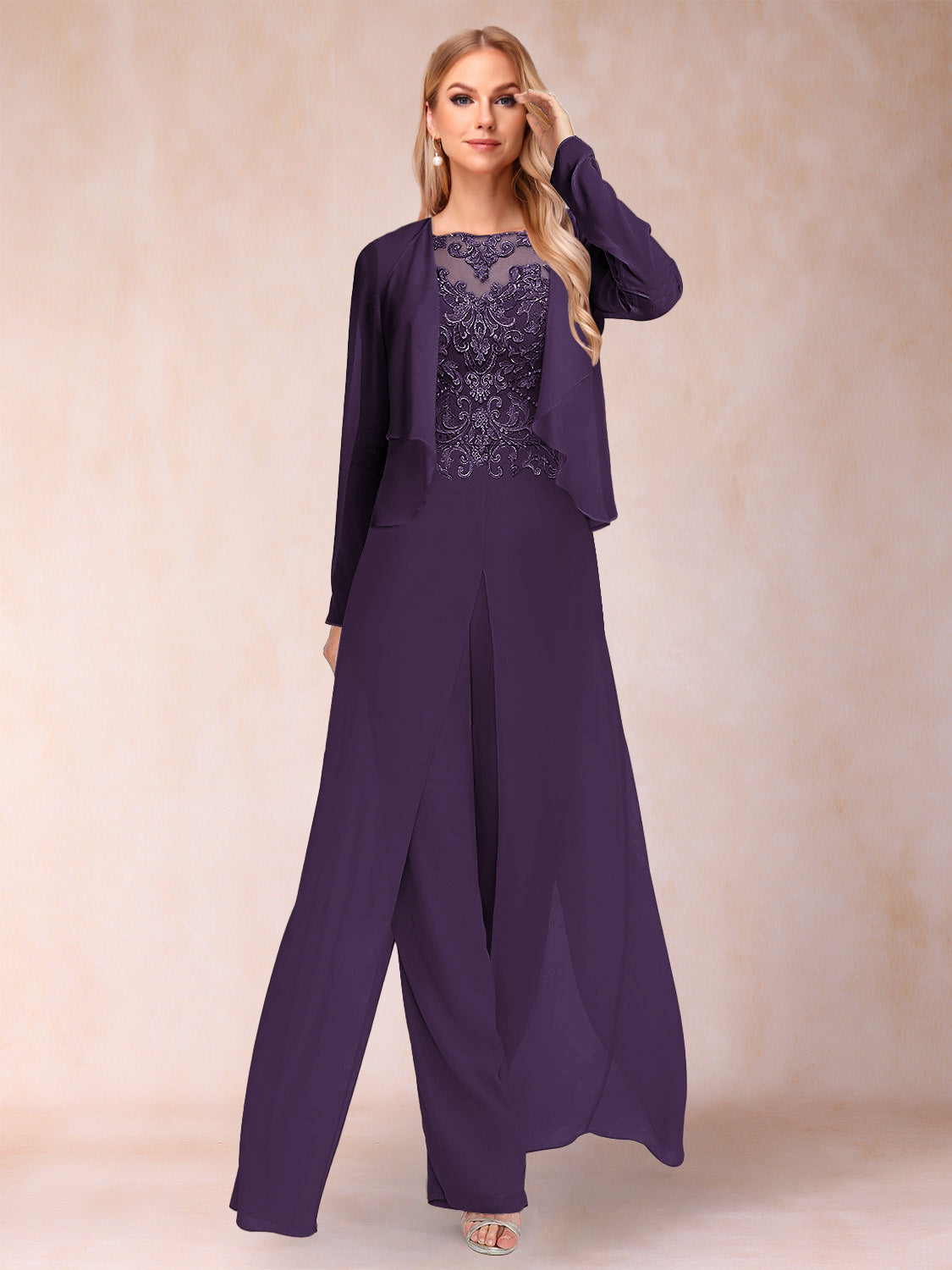 Sheath/Column Scoop Long Sleeves Jumpsuit with Applique & Jacket