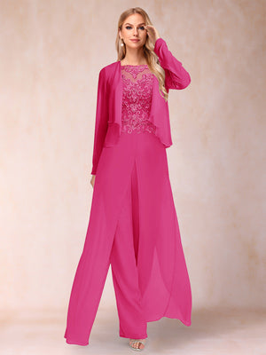 Sheath/Column Scoop Long Sleeves 2 Pieces Pantsuits with Applique & Jacket