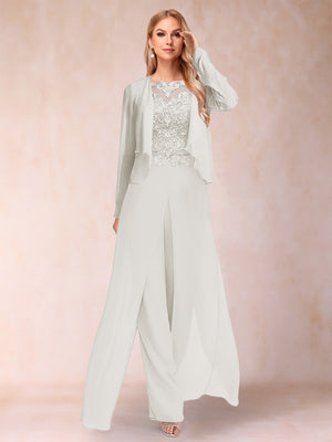 Sheath/Column Scoop Long Sleeves 2 Pieces Pantsuits with Applique & Jacket