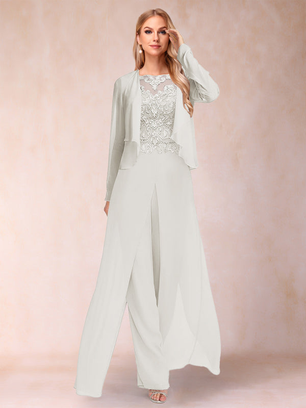 Sheath/Column Scoop Long Sleeves 2 Pieces Pantsuits with Applique & Jacket