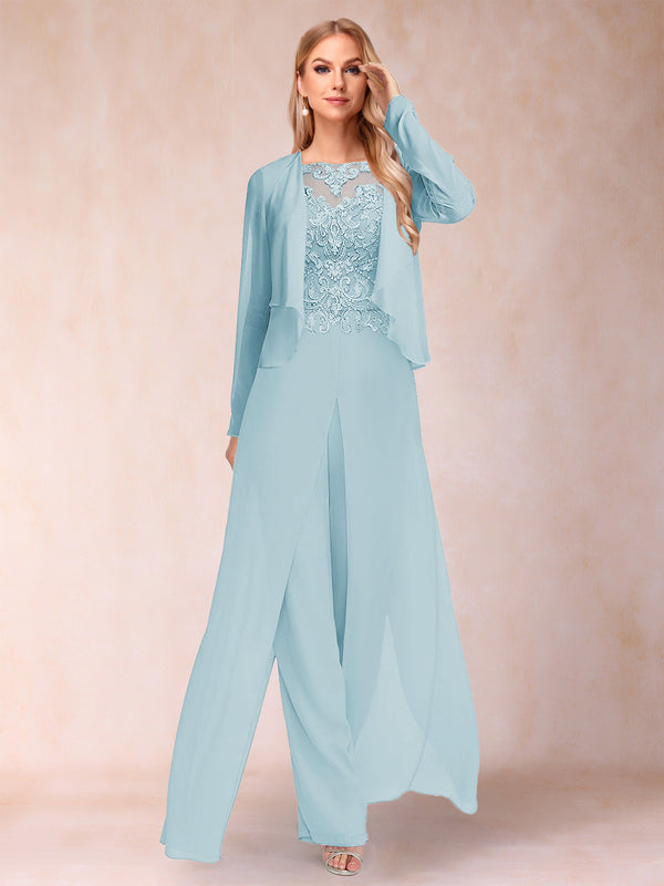 Sheath/Column Scoop Long Sleeves 2 Pieces Pantsuits with Applique & Jacket