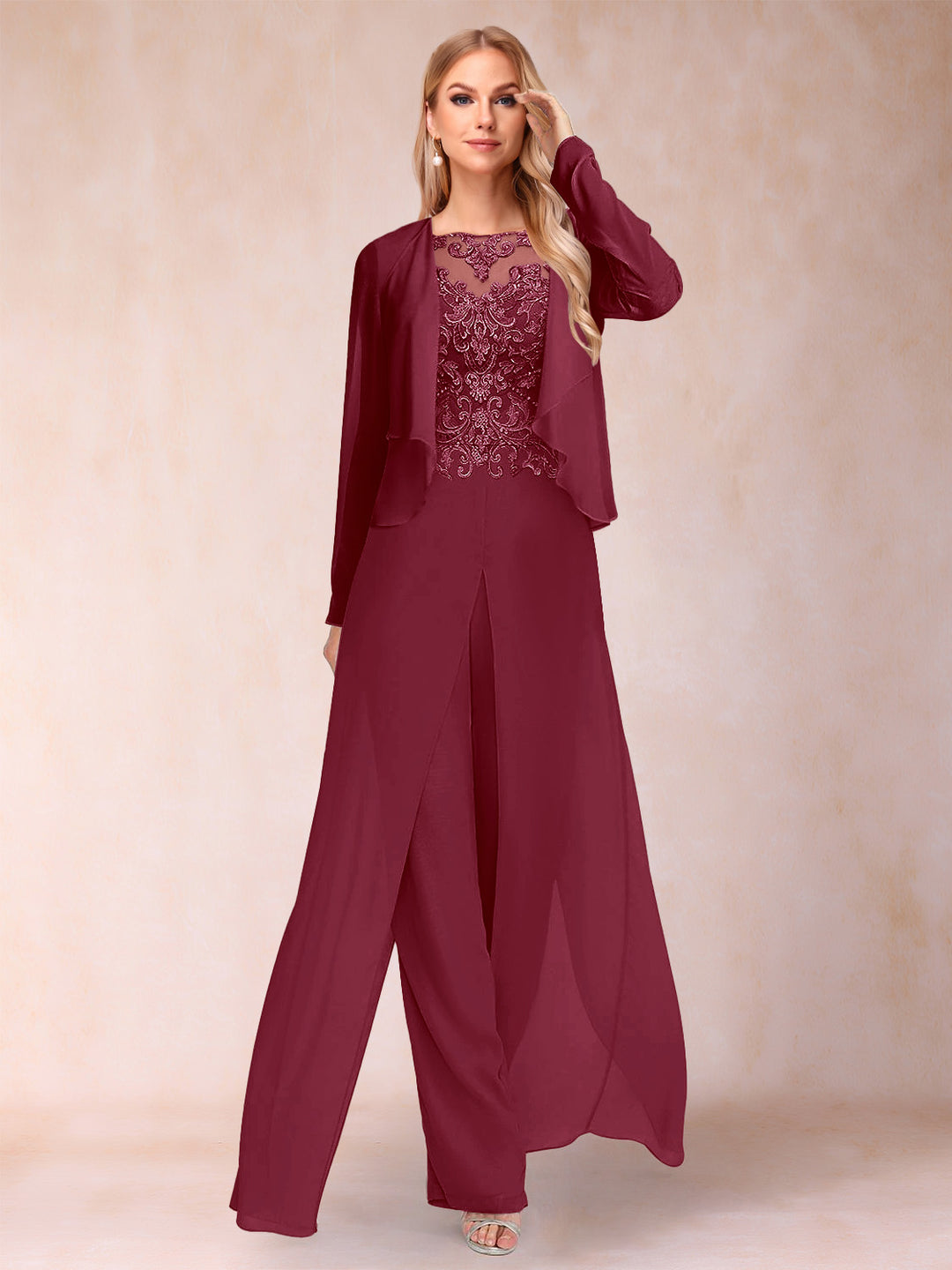Sheath/Column Scoop Long Sleeves Jumpsuit with Applique &amp; Jacket