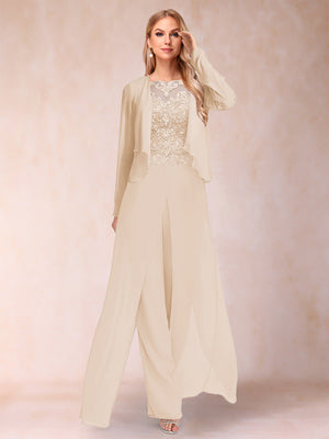 Sheath/Column Scoop Long Sleeves 2 Pieces Pantsuits with Applique & Jacket