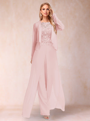 Sheath/Column Scoop Long Sleeves 2 Pieces Pantsuits with Applique & Jacket