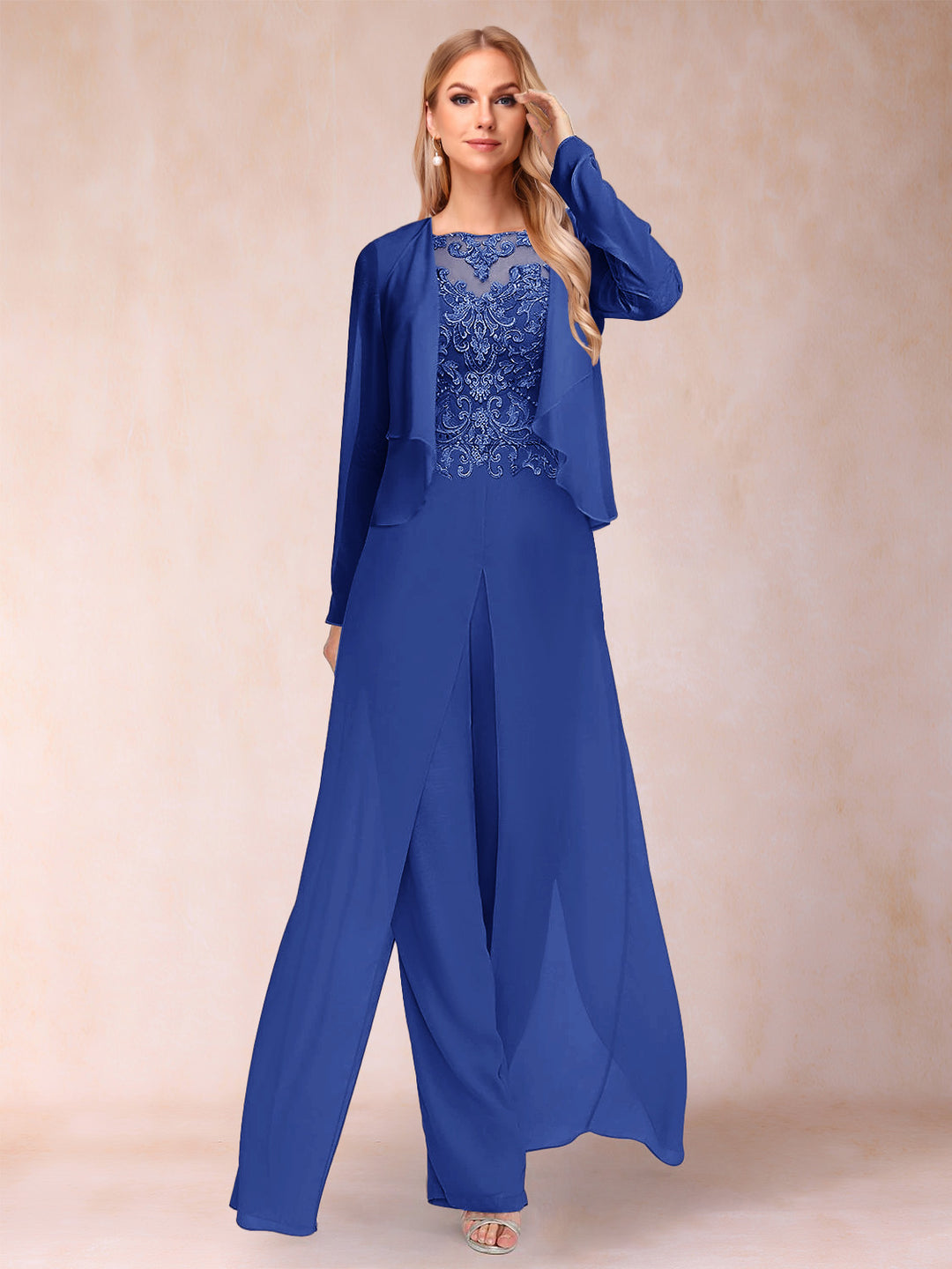 Sheath/Column Scoop Long Sleeves Jumpsuit with Applique &amp; Jacket