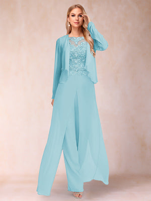 Sheath/Column Scoop Long Sleeves 2 Pieces Pantsuits with Applique & Jacket