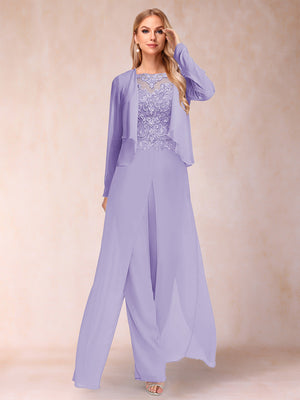 Sheath/Column Scoop Long Sleeves 2 Pieces Pantsuits with Applique & Jacket