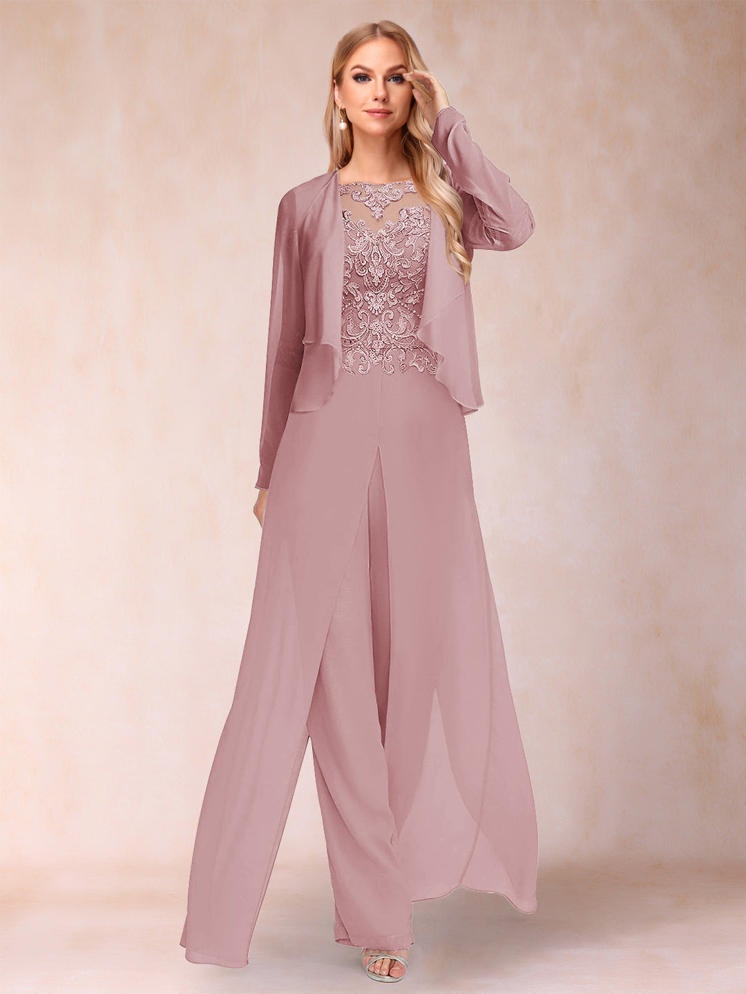 Sheath/Column Scoop Long Sleeves Jumpsuit with Applique &amp; Jacket